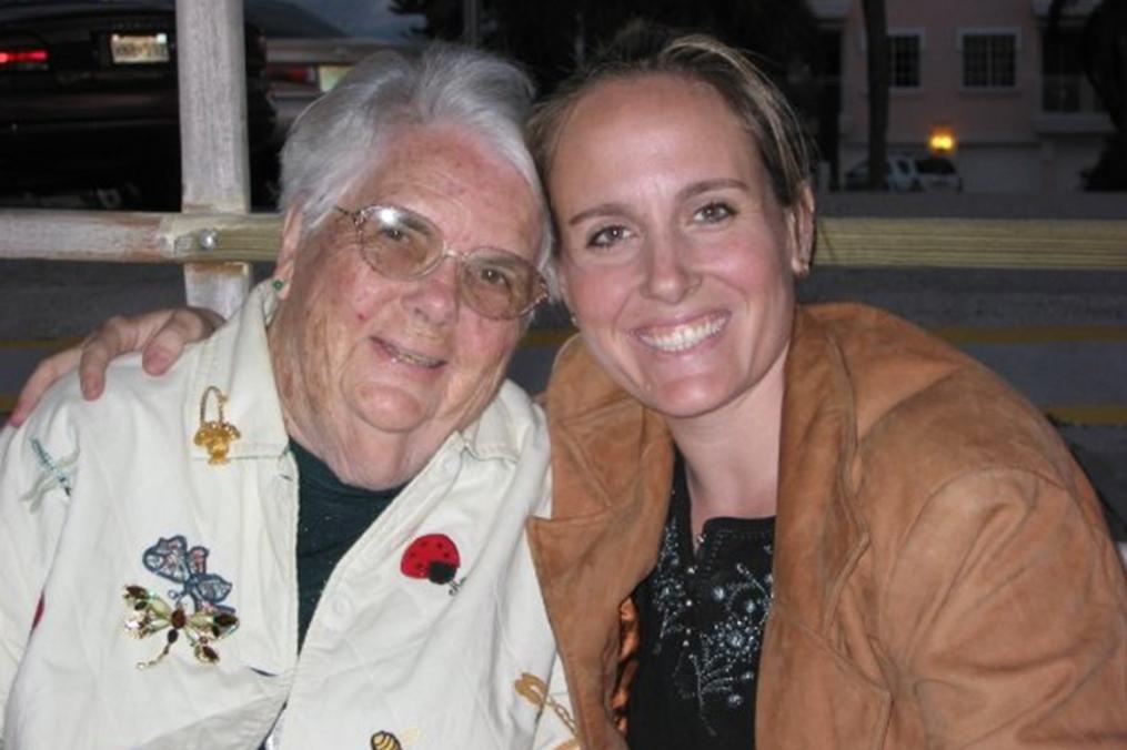 Marie “Bee” Del Papa ’41 poses with her granddaughter, Page Chen. Page's daughter -- Marie's great-granddaughter -- Lindsey Chen learned about the importance of college from her "Grandma Bee" as she explores her own educational future.