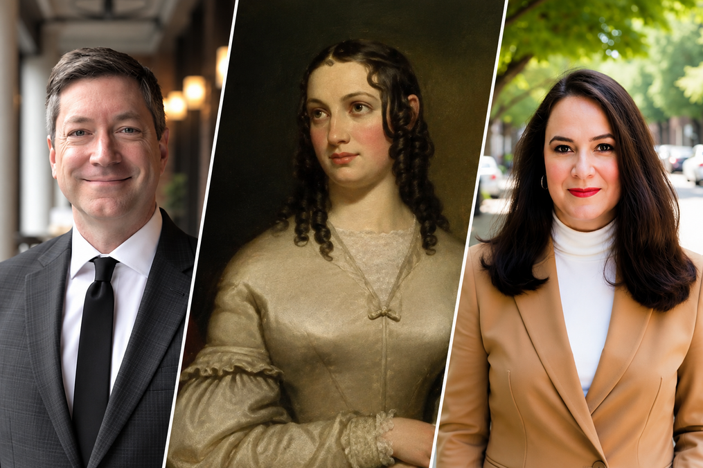 Composite portrait featuring three people: a man in a dark suit on the left, a woman depicted in a historical-style painting in the center, and a woman in a tan blazer and white turtleneck on the right.